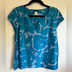 J. Crew Blue Silk Abstract Floral Cap Sleeve Blouse